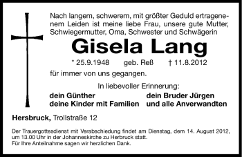 Traueranzeige von Gisela Lang von Hersbrucker Zeitung